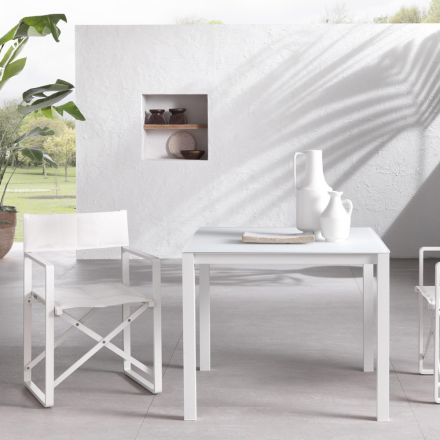 Trädgårdsbord med målad aluminiumstruktur och glasskiva - Salim Viadurini