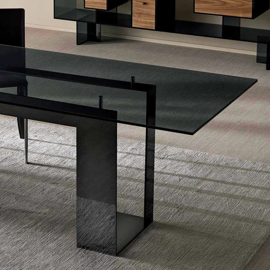 Matbord med rökt glasskiva och metallbas 4 Mått - Speck Viadurini