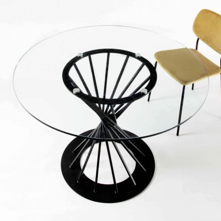 Matbord med rund ovansida av härdat glas och stålbotten - Mileto Viadurini