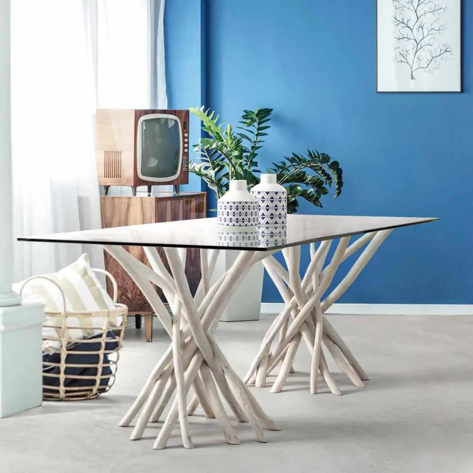 Design matbord i glas och blekt teak Homemotion - Frankrike Viadurini