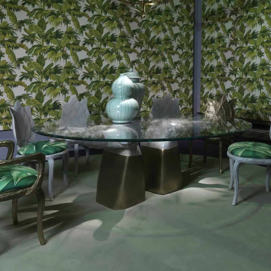 trä matbord med glasskiva, tillverkade i Italien, Bartolo Viadurini