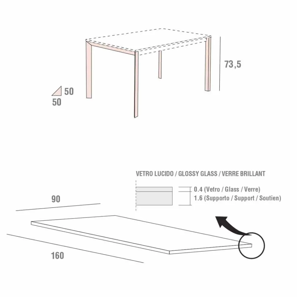 Matbord i vitt glas och målad metall tillverkad i Italien - brosch Viadurini