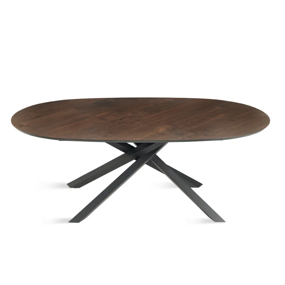 Ovalt matbord i ekfaner och svart metallbas - Domo Viadurini