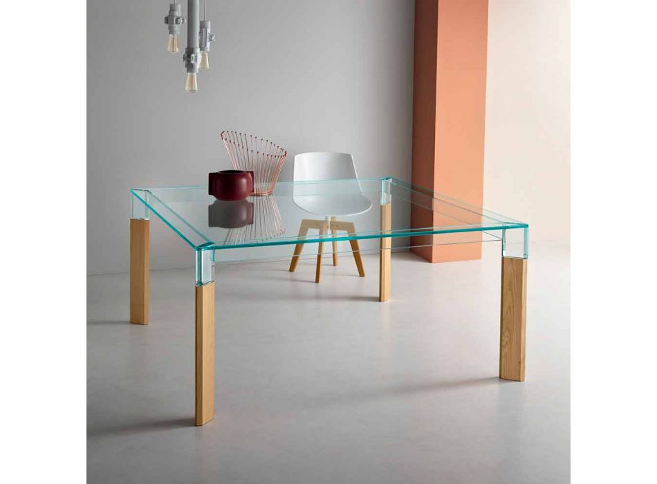 Spisbord Glasskiva och massivt trä bas tillverkad i Italien - Presino Viadurini