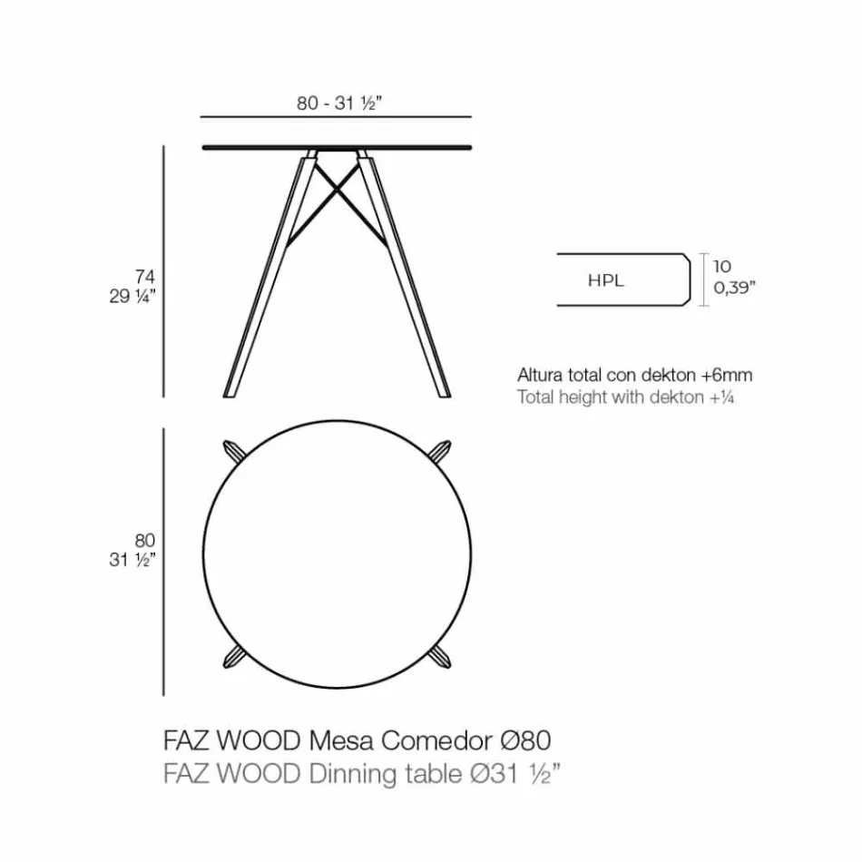 Runt matbord i trä och Hpl-topp, 4 stycken - Faz Wood av Vondom Viadurini