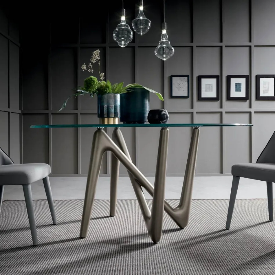 Runt matbord i genomskinligt glas och ben av polyuretan - Stalto Viadurini