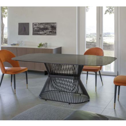 Elliptiskt matbord i polerad keramik och stål - Ravi Viadurini