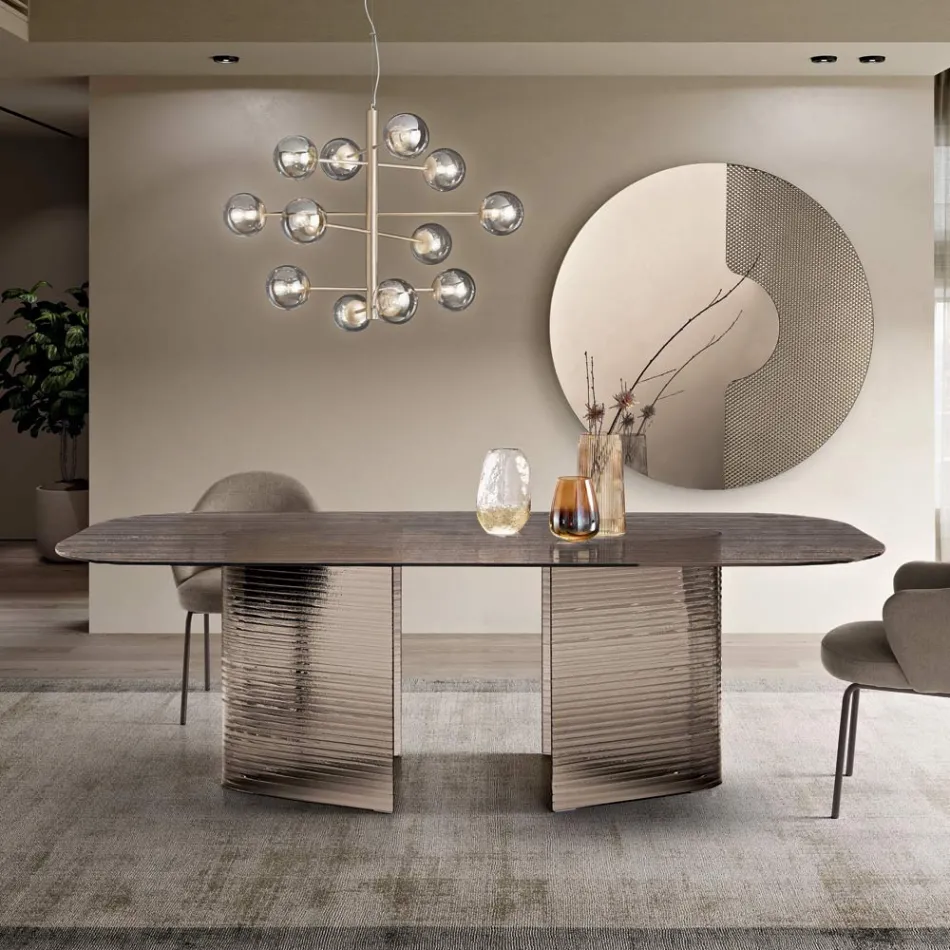 Fast bord 240x120 cm i transparent ribbat glas Tillverkat i Italien - Varo Viadurini