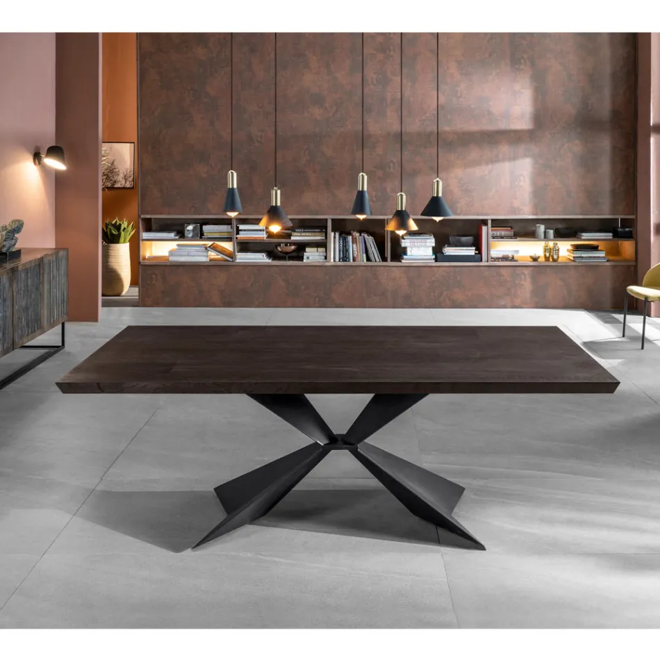 Fast bord med metallunderrede och fanerad ekskiva - Marinblå Viadurini