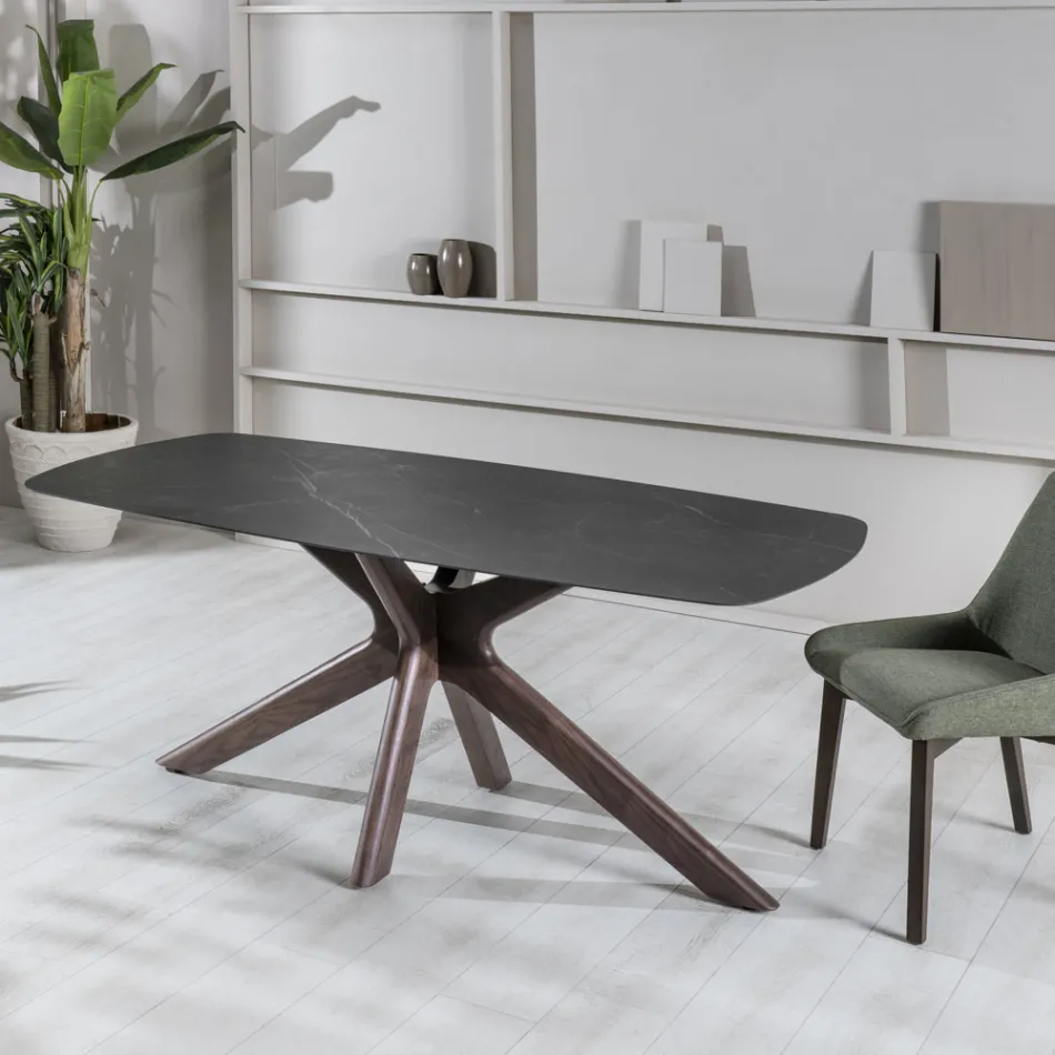 Fast bord med keramikskiva och bas av massivt valnötsträ - Orange Viadurini