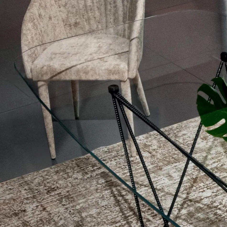 Fast bord med tunnformad glasskiva och stålunderrede tillverkat i Italien - Ezzellino Viadurini