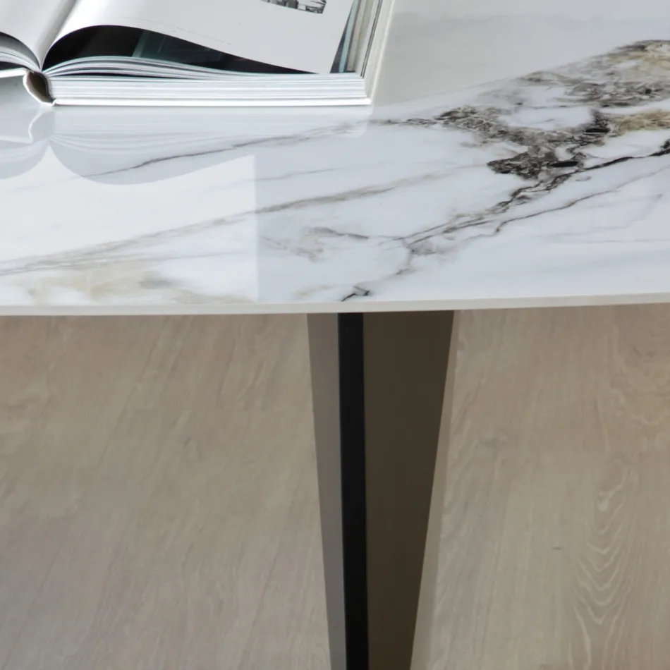 Fast bord i metall och keramikskiva Arabesque Glansigt - Eronte Viadurini