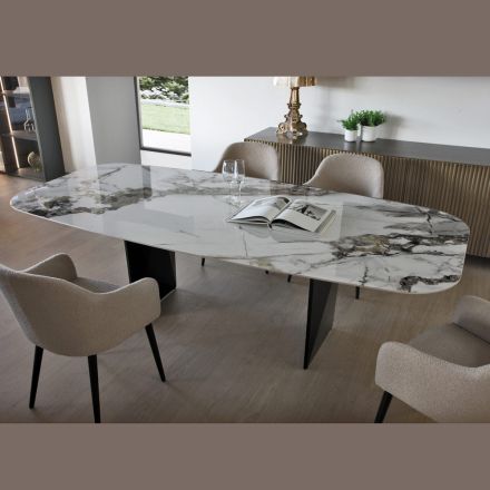 Fast bord i metall och keramikskiva Arabesque Glansigt - Eronte Viadurini