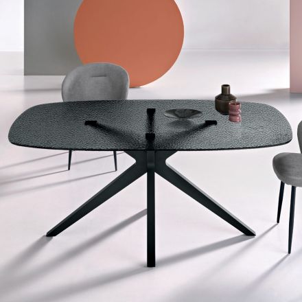 180x100 cm ovalt bord i rökfärgat hamrat glas och metall - Domus Viadurini