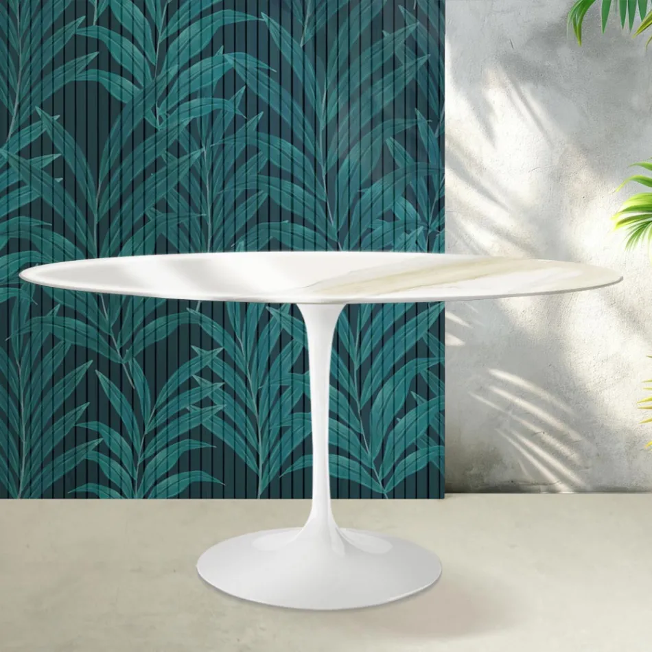 Saarinen ovalt tulpanbord H 74 cm i Florim Calacatta guldblank keramik - scharlakansröd Viadurini