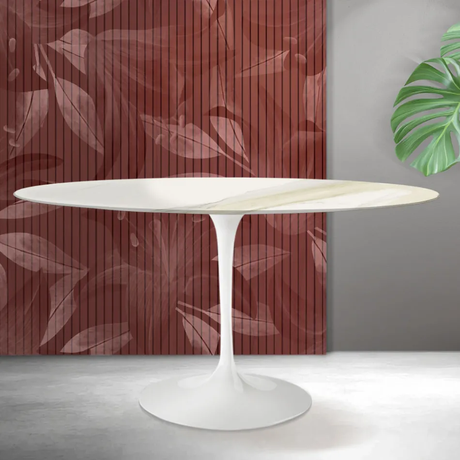 Ovalt Tulip Saarinen-bord H 74 cm i Florim Calacatta guld matt keramik - Scharlakansröd Viadurini