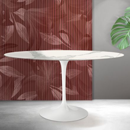 Ovalt tulpan Saarinen-bord H 74 cm i matt Florim Statuario-keramik - Scharlakansröd Viadurini