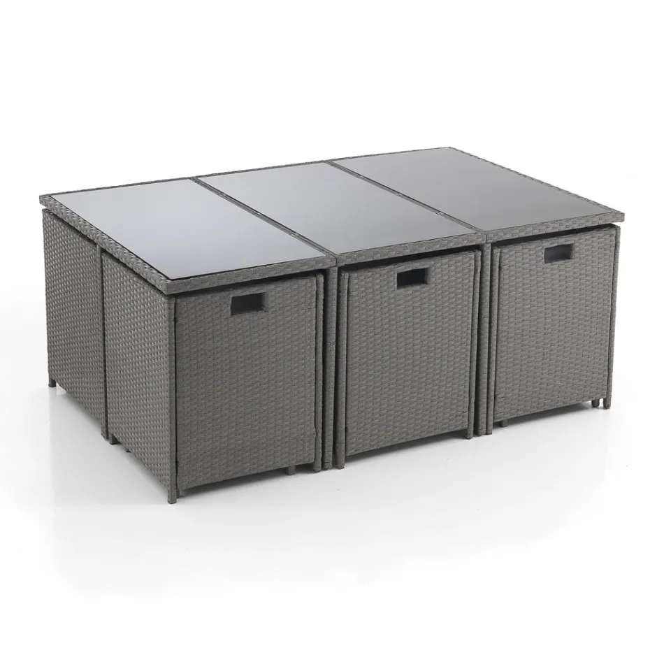 Inomhus- och utomhusbord med 6 stolar med fällbart ryggstöd och 4 sittpuffar - Venir Viadurini