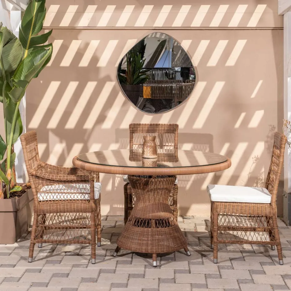 Runt utomhusbord i polyrattan med glasskiva - Gigi Viadurini