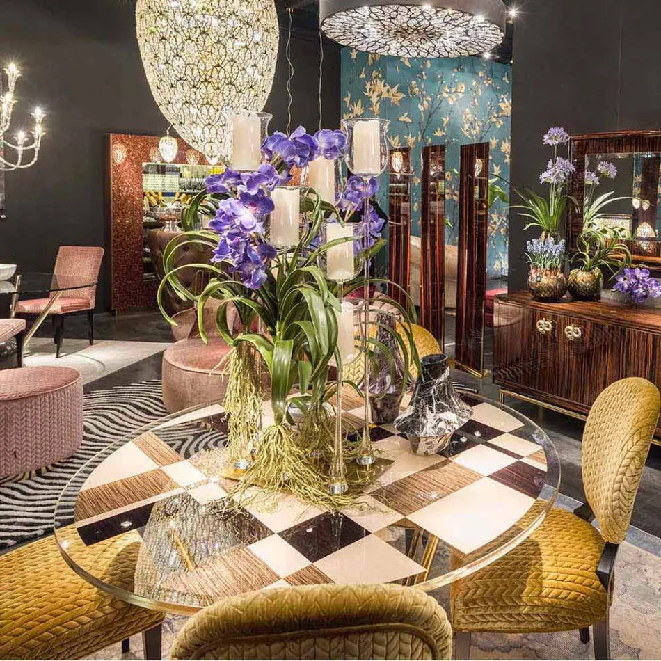 modeno Runt bord med glasskiva och Ozzy träinlägg Viadurini