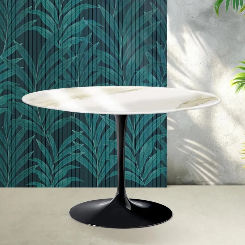Saarinen Tulip runt bord H 74 cm i Florim Calacatta guldblank keramik - Scharlakansröd Viadurini