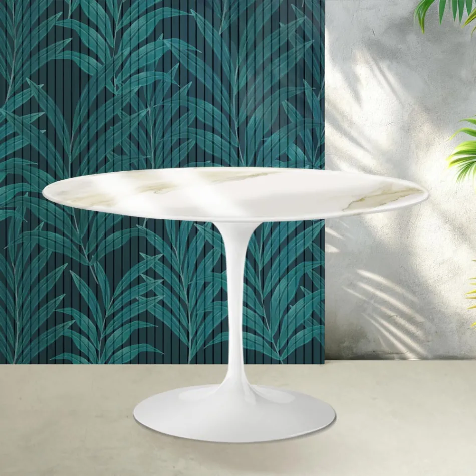 Saarinen Tulip runt bord H 74 cm i Florim Calacatta guldblank keramik - Scharlakansröd Viadurini