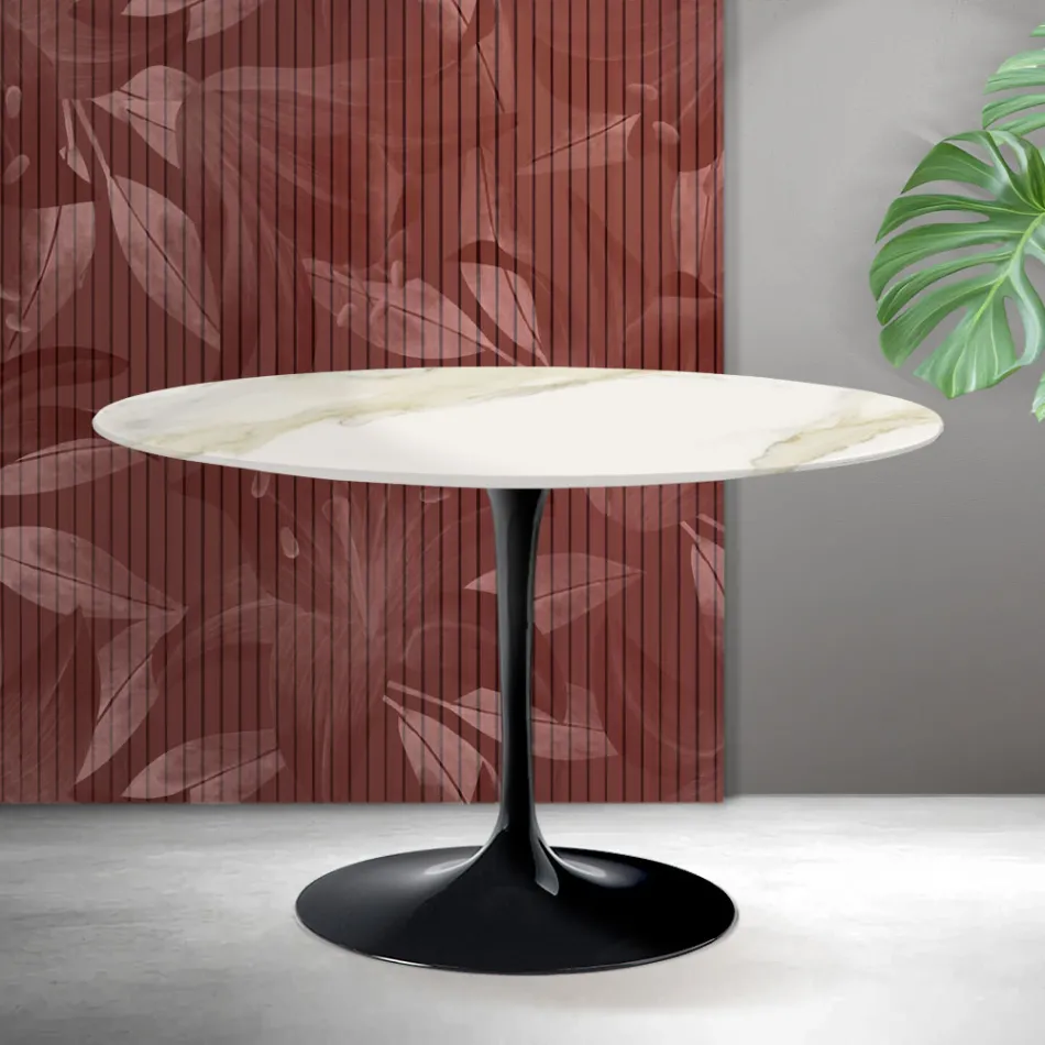 Saarinen Tulip runt bord H 74 cm i Florim Calacatta guld matt keramik - scharlakansröd Viadurini