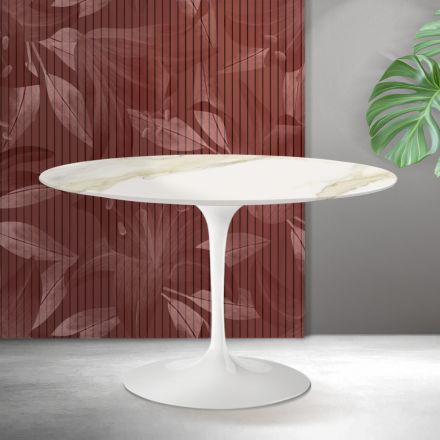 Saarinen Tulip runt bord H 74 cm i Florim Calacatta guld matt keramik - scharlakansröd Viadurini