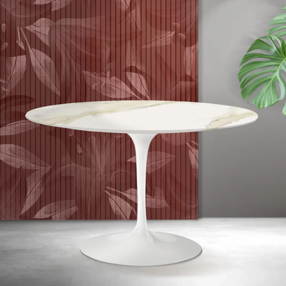 Saarinen Tulip runt bord H 74 cm i Florim Calacatta guld matt keramik - scharlakansröd Viadurini