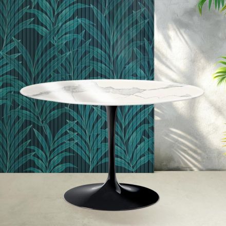 Saarinen runt tulpanbord H 74 cm i blank Statuario Florim keramik - Scharlakansröd Viadurini