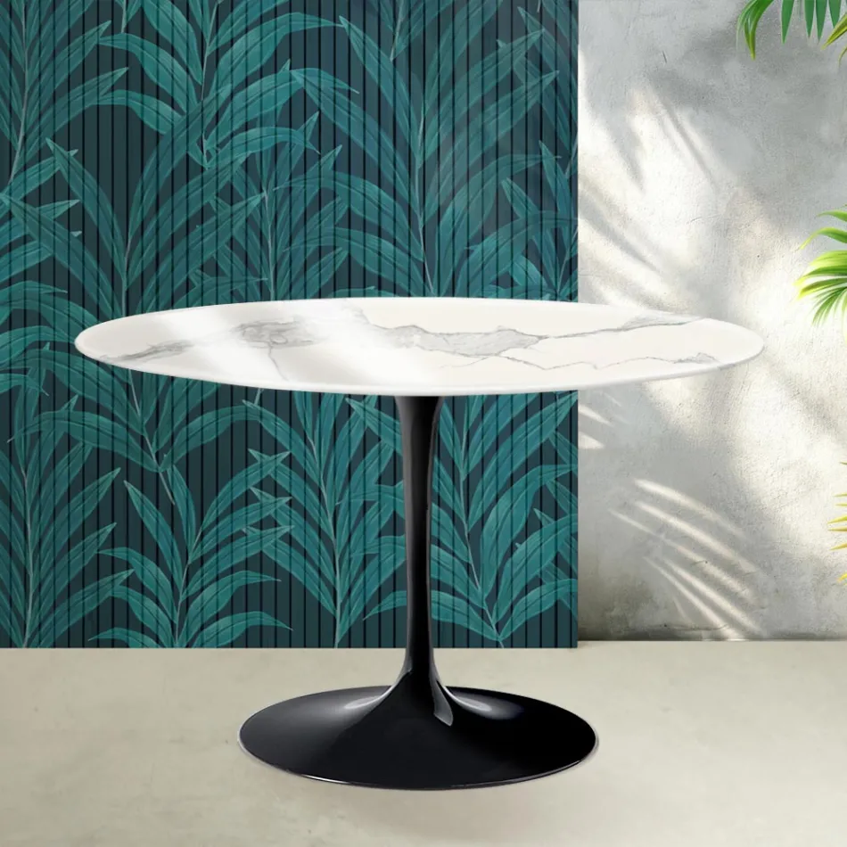 Saarinen runt tulpanbord H 74 cm i blank Statuario Florim keramik - Scharlakansröd Viadurini