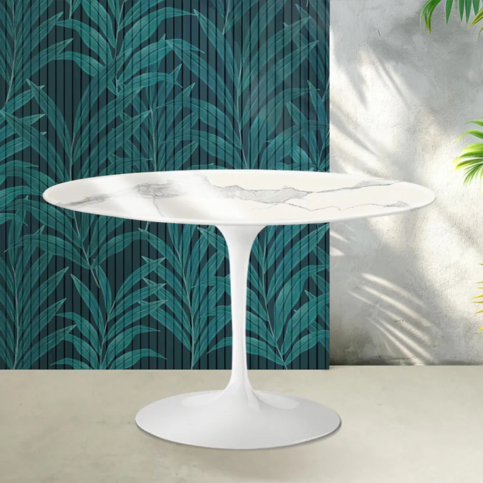 Saarinen runt tulpanbord H 74 cm i blank Statuario Florim keramik - Scharlakansröd Viadurini