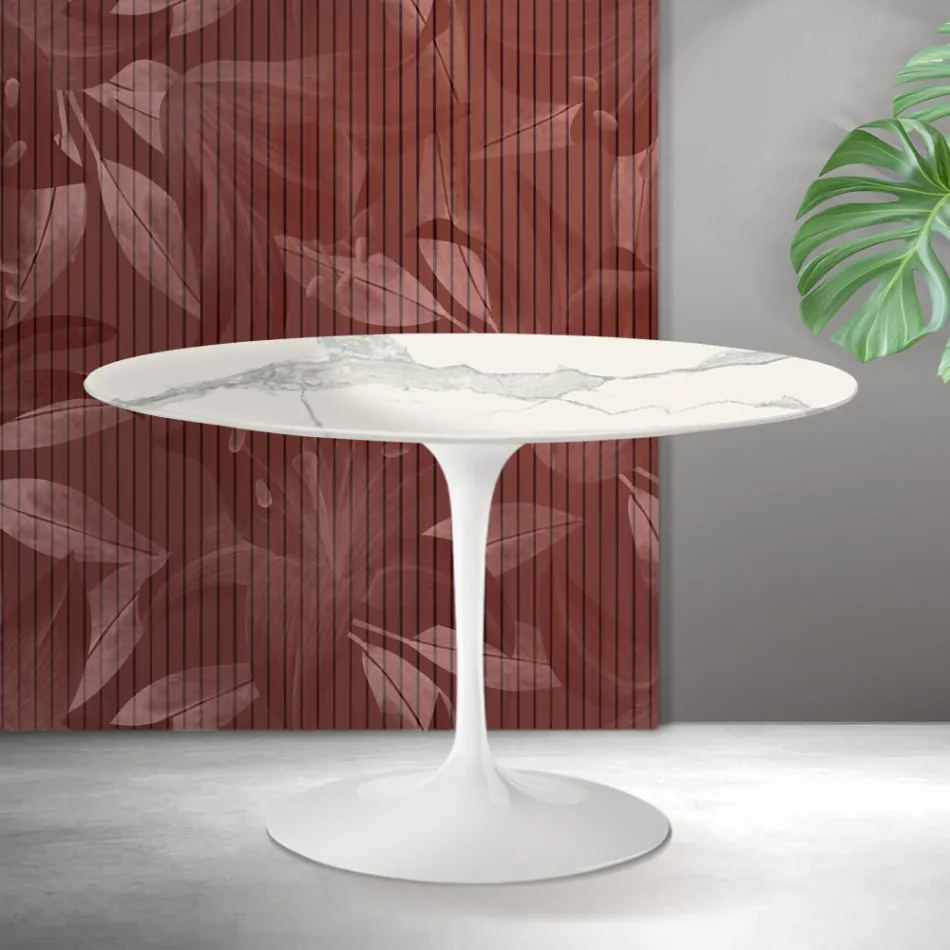 Saarinen Tulip runt bord H 74 cm i Florim Statuario matt keramik - Scharlakansröd Viadurini