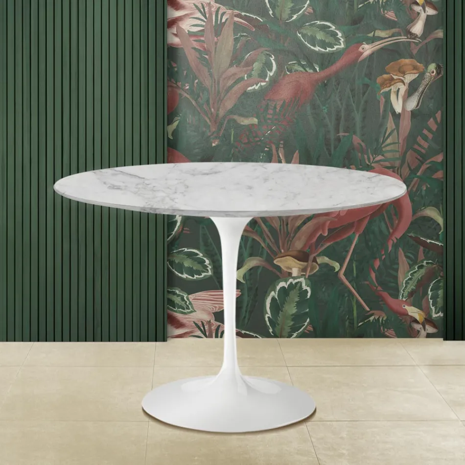 Eero Saarinen Tulip Table H 73 Round i Arabescato-marmor tillverkad i Italien - Scarlet Viadurini