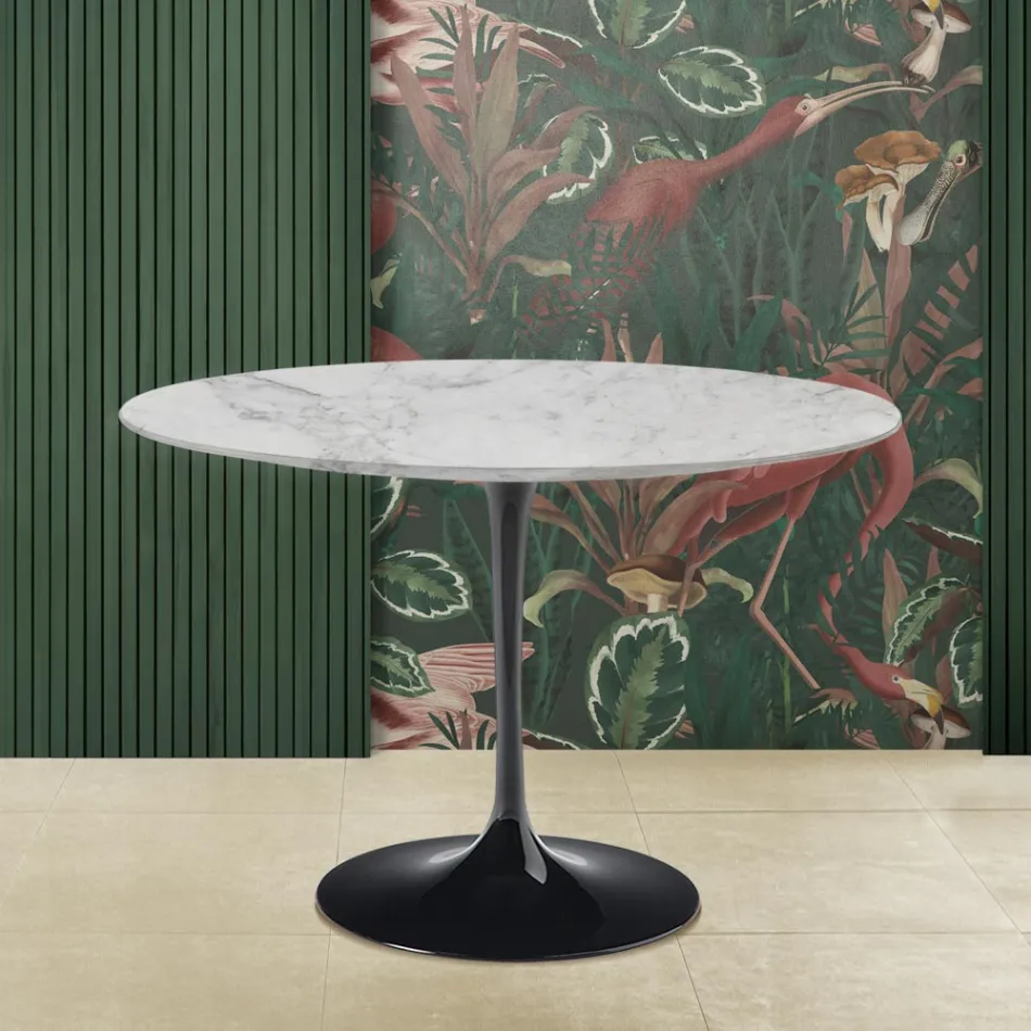 Eero Saarinen Tulip Table H 73 Round i Arabescato-marmor tillverkad i Italien - Scarlet Viadurini