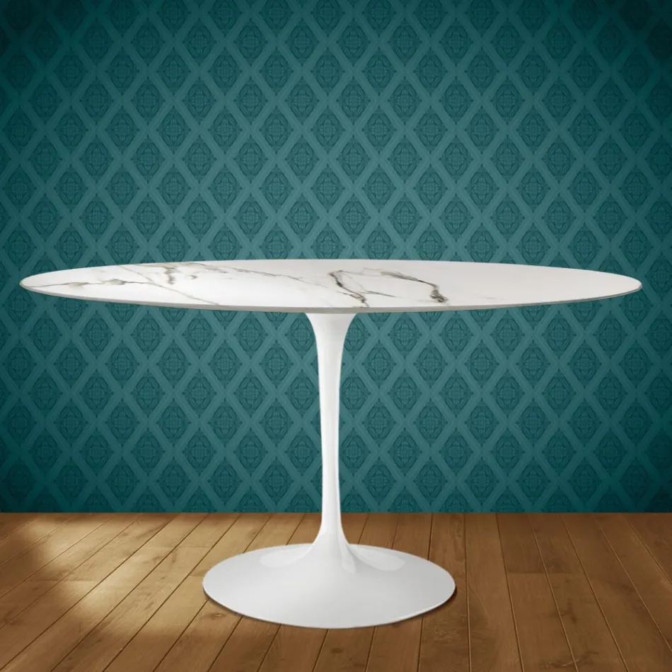 Eero Saarinen Tulpanbord H 74 Ovalt i Keramik Aura 22 Tillverkat i Italien - Scharlakansröd Viadurini