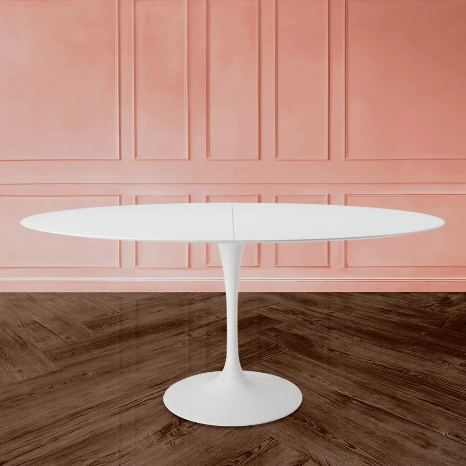 Tulip Table Eero Sarinen H 73 Oval utdragbar i vit flytande laminat - Scarlet Viadurini