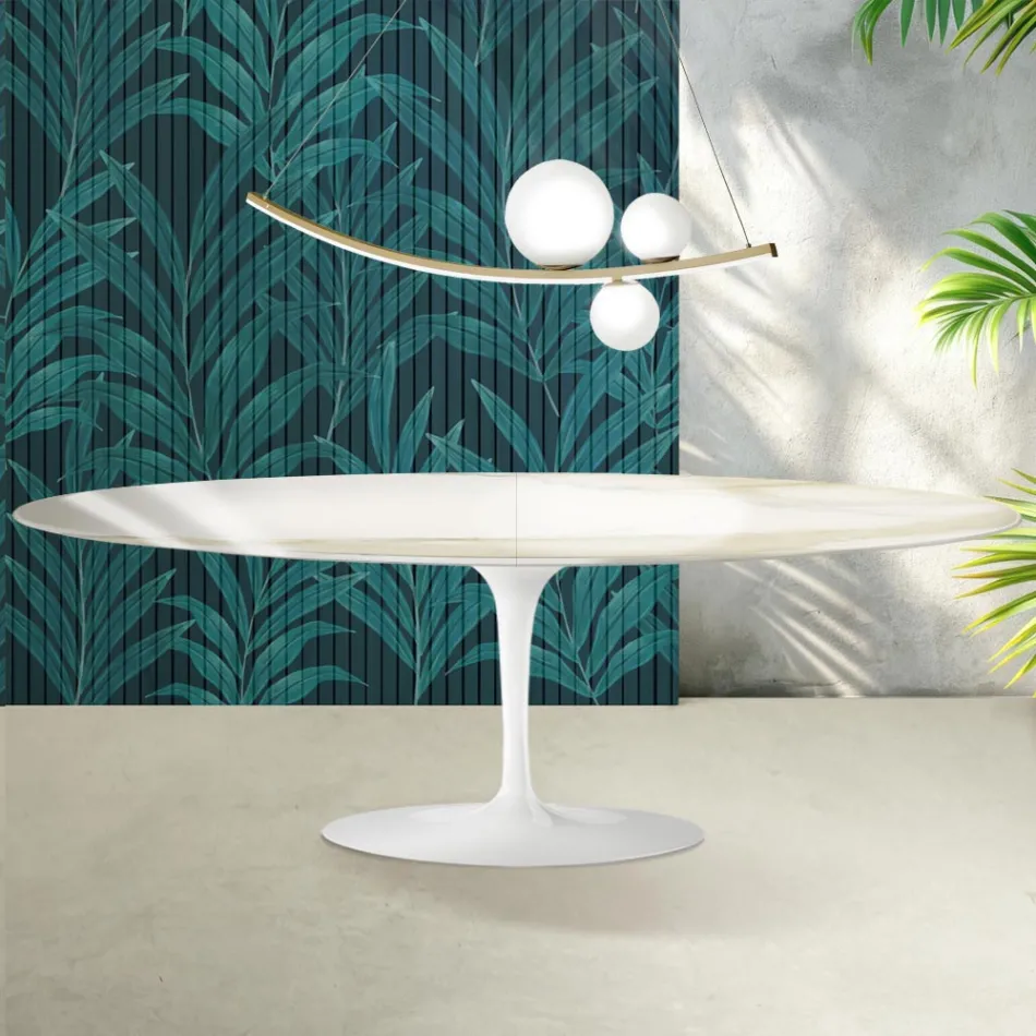 Saarinen Tulip-bord H 74 cm utdragbart i Florim Calacatta guldblank keramik - Scharlakansröd Viadurini