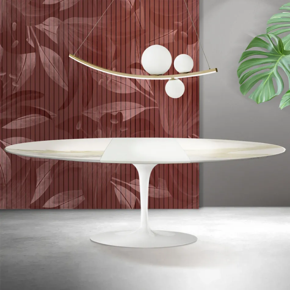 Saarinen Tulip-bord H 74 cm utdragbart i Florim Calacatta guld matt keramik - scharlakansröd Viadurini