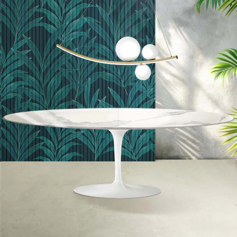Saarinen Tulip-bord H 74 cm utdragbart i Florim Statuario blank keramik - Scharlakansröd Viadurini