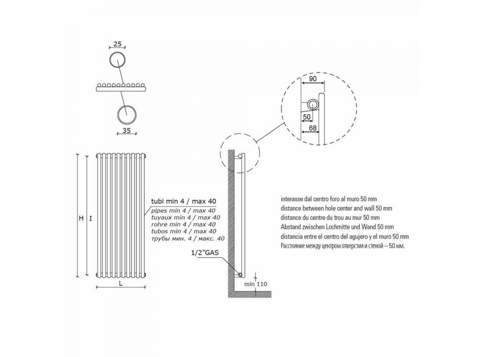 Vertikal väggkylare i stål Modern design 1017 Watt - Zigolo Viadurini