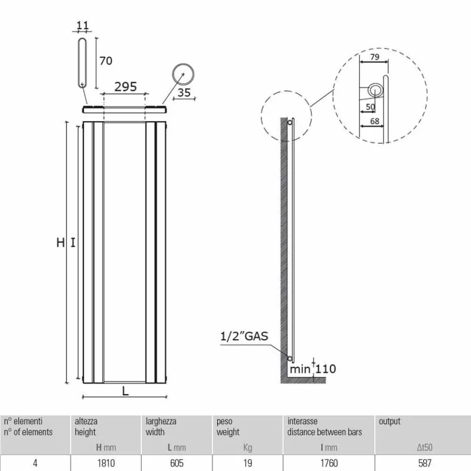 Design Vertikal badrumsradiator i stål med 587 W spegel - Picchio Viadurini