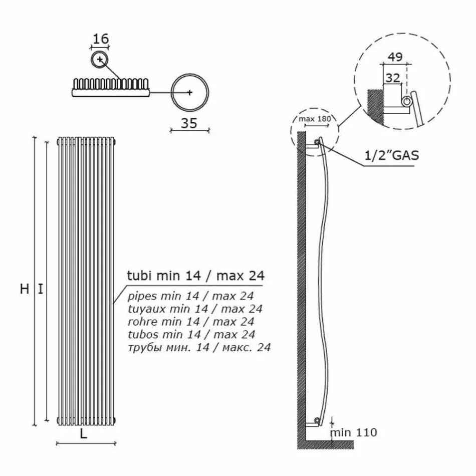 Vertikal badrumsradiator Modern design Wavy 1181 Watt - Tucano Viadurini