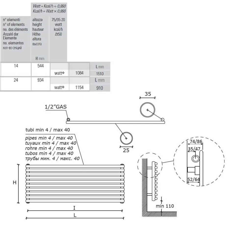 Väggmonterad hydraulisk designradiator i olika storlekar upp till 1154 W - pingvin Viadurini