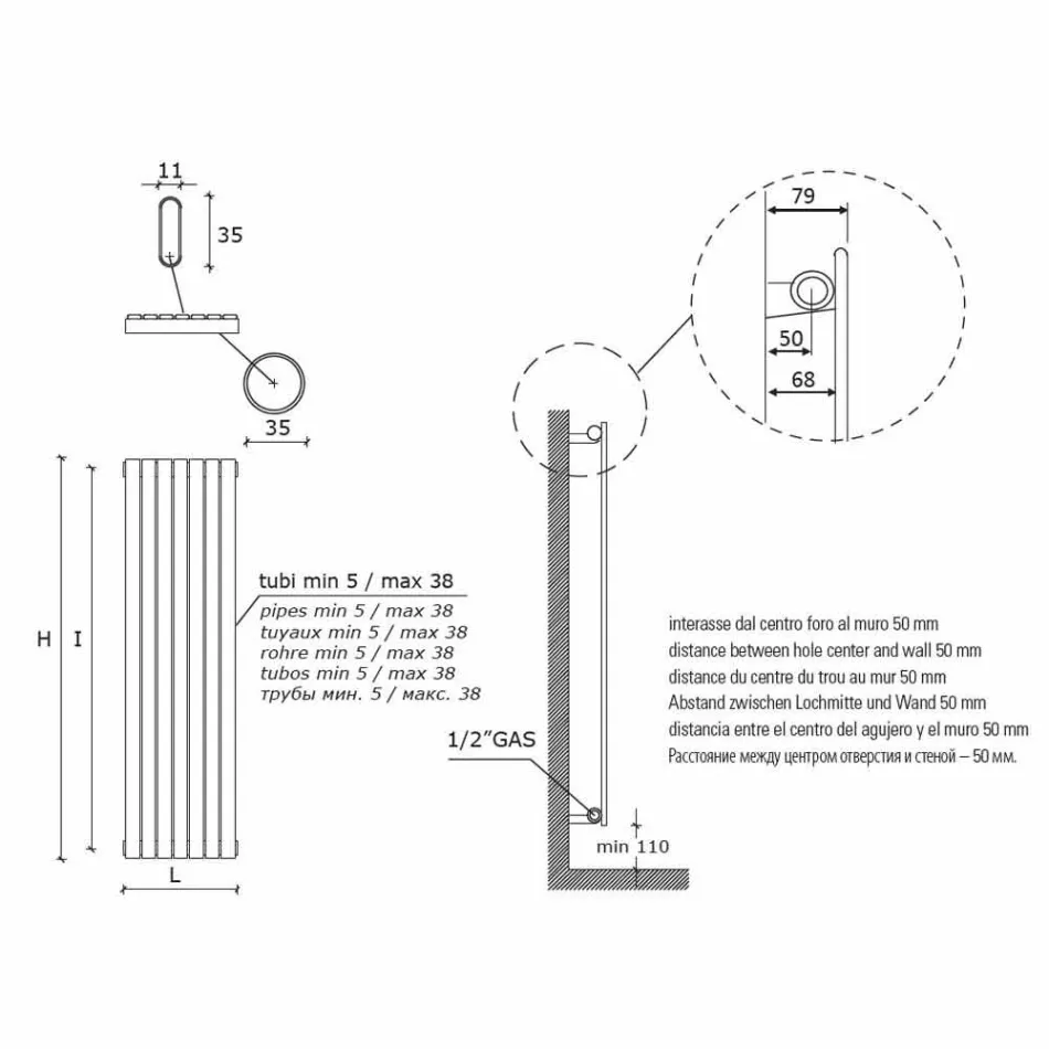 Modern design vertikal hydraulisk väggkylare upp till 1224 watt - Regolo Viadurini