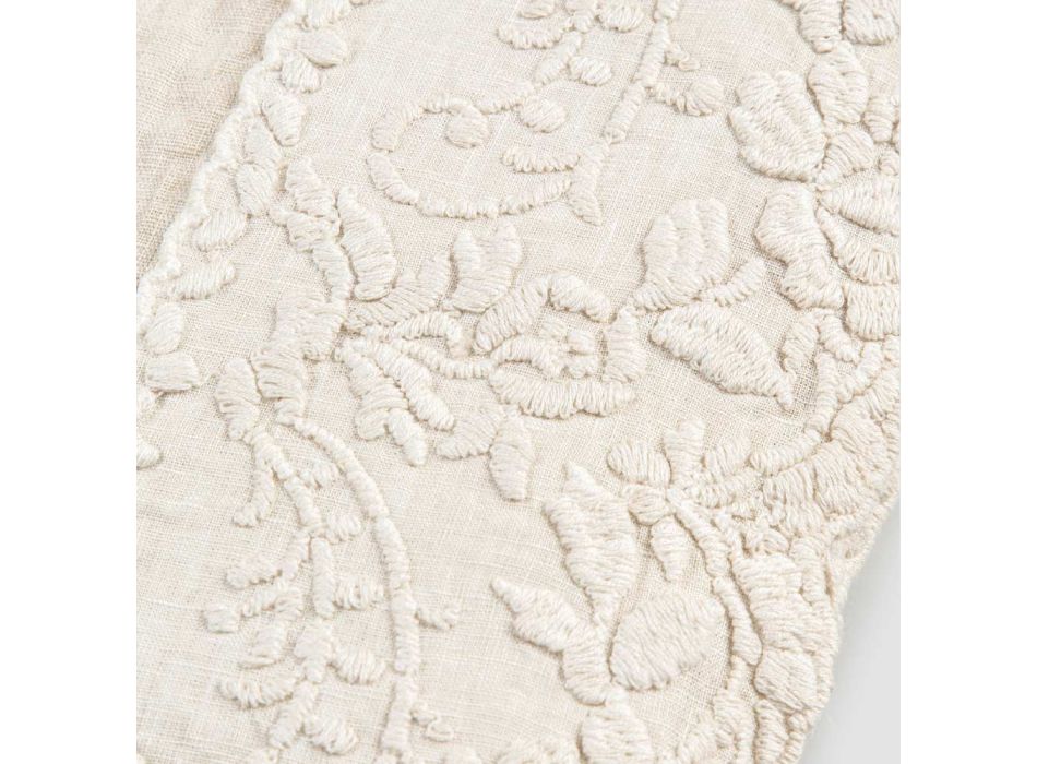 Beige linne fyrkantig duk med handgjorda lyxiga kronbladbroderier - Vippel Viadurini