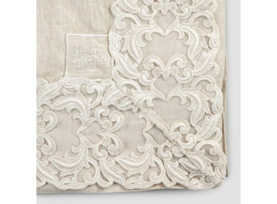 Beige linne rektangulär bordsduk med Farnese lyxig hantverksspets - Kippel Viadurini