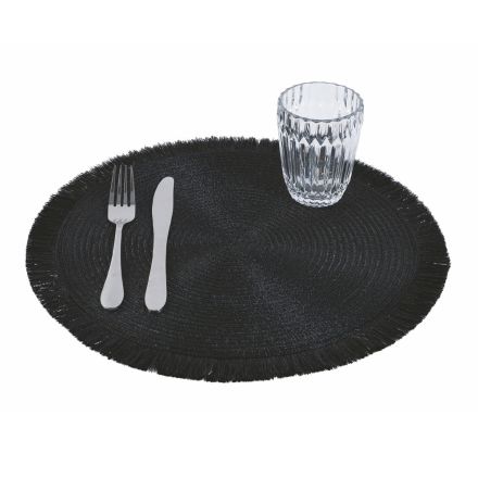 Runda frukostunderlägg i svart polyester med fransar 12 st - Saretta Viadurini