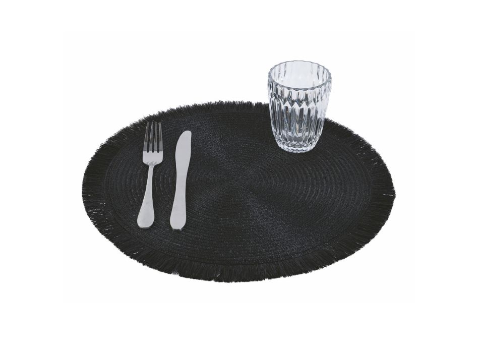 Runda frukostunderlägg i svart polyester med fransar 12 st - Saretta Viadurini