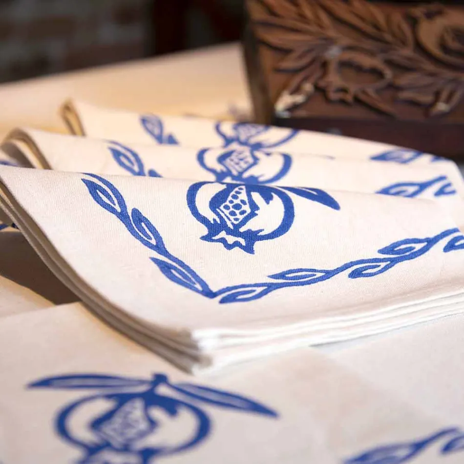 Servett i blandat linne med handtryckt unikt stycke tillverkat i Italien - varumärken Viadurini